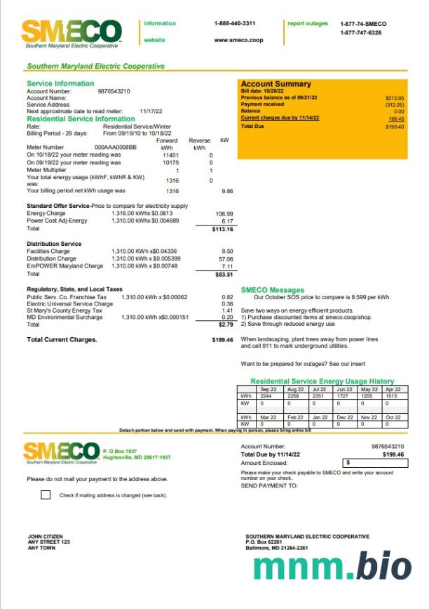 Szablon rachunku za media w USA Maryland SMECO w formacie Word i PDF